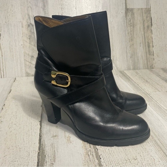 Michael Michael Kors Leather Block Heel Low Boots Black Gold Buckle size 9 - Picture 3 of 10
